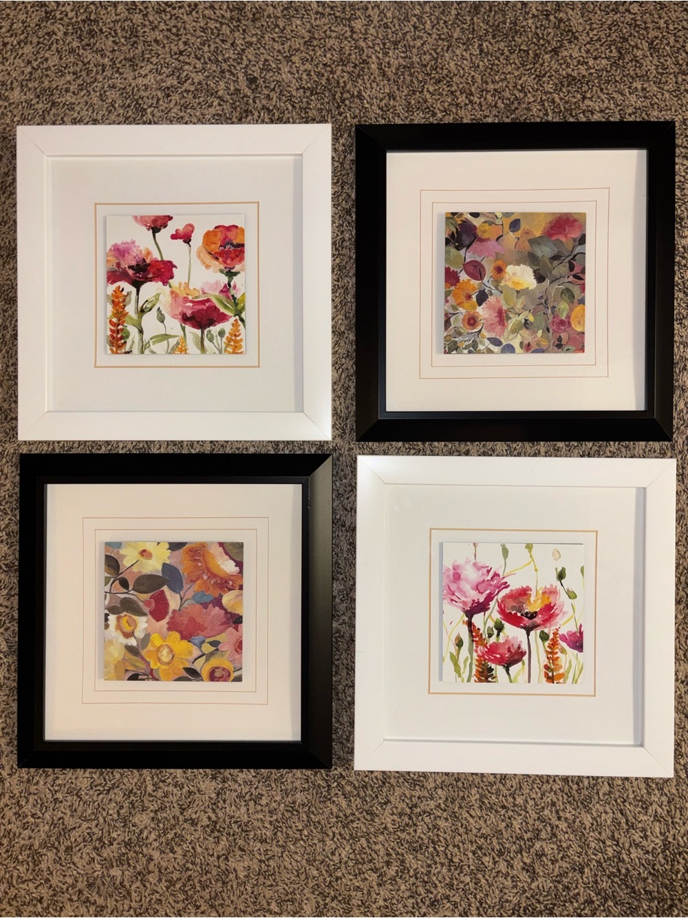 Set of 4 Floral Square Wall Art Prints in Black & White Frames - Ready to Hang